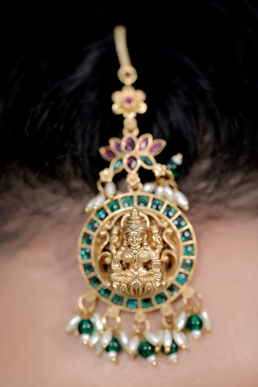 Maang tikka, Antique gold, goddess lakshmi,