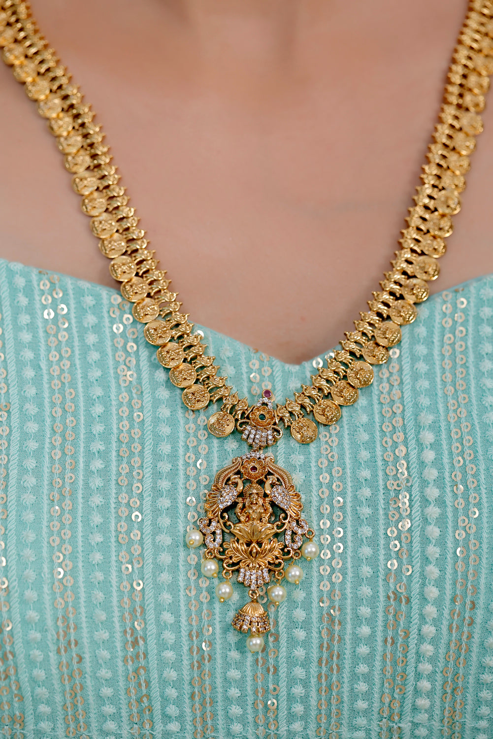 temple cz lakshmi gold coin necklace set