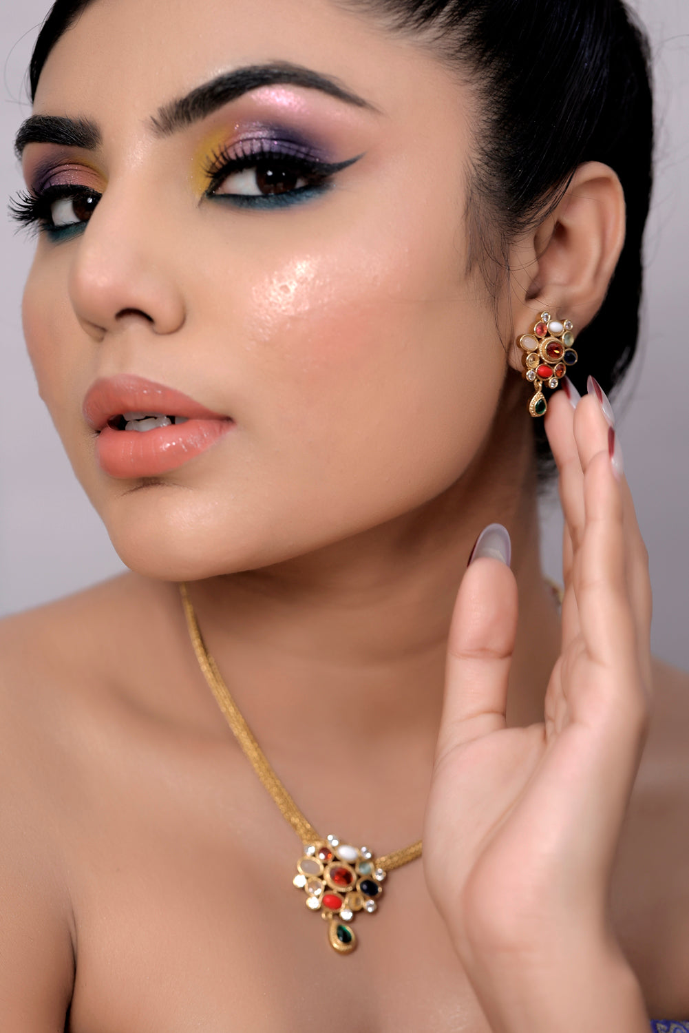 Temple navratna short Necklace Earrings Set 240422