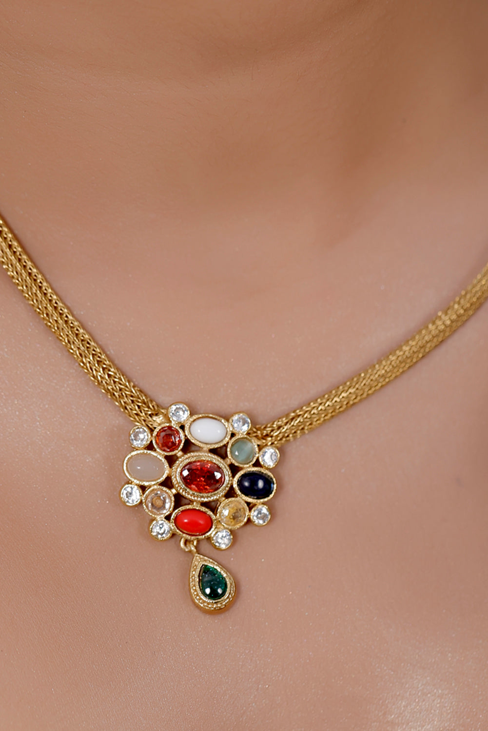 Temple navratna short Necklace Earrings Set 240422