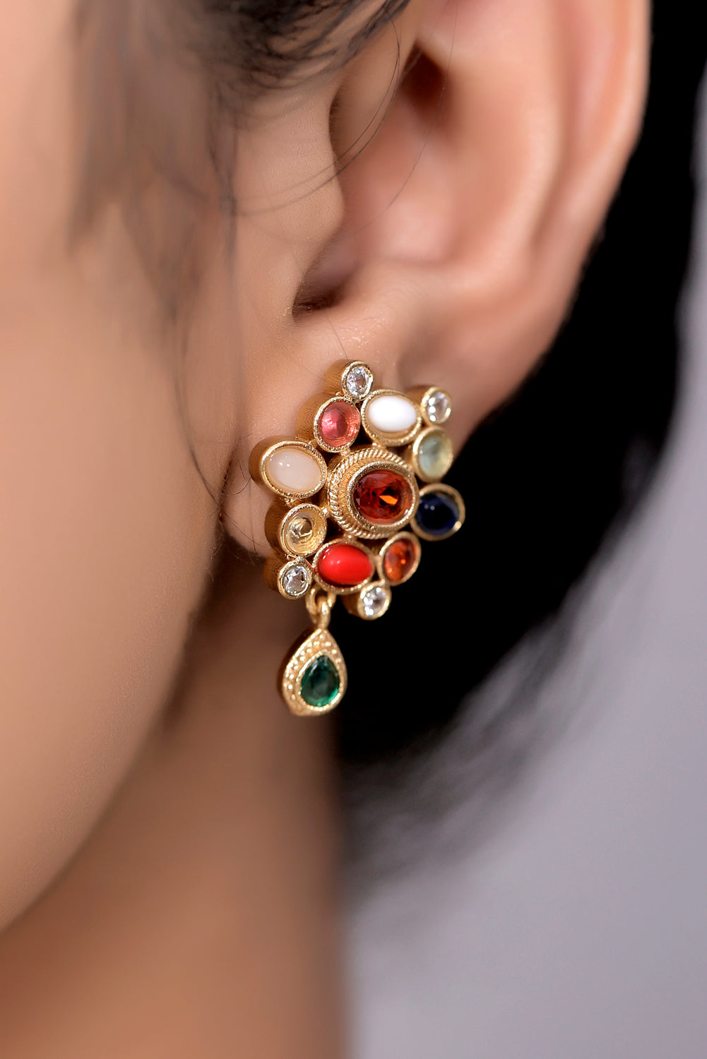 Temple navratna short Necklace Earrings Set 240422