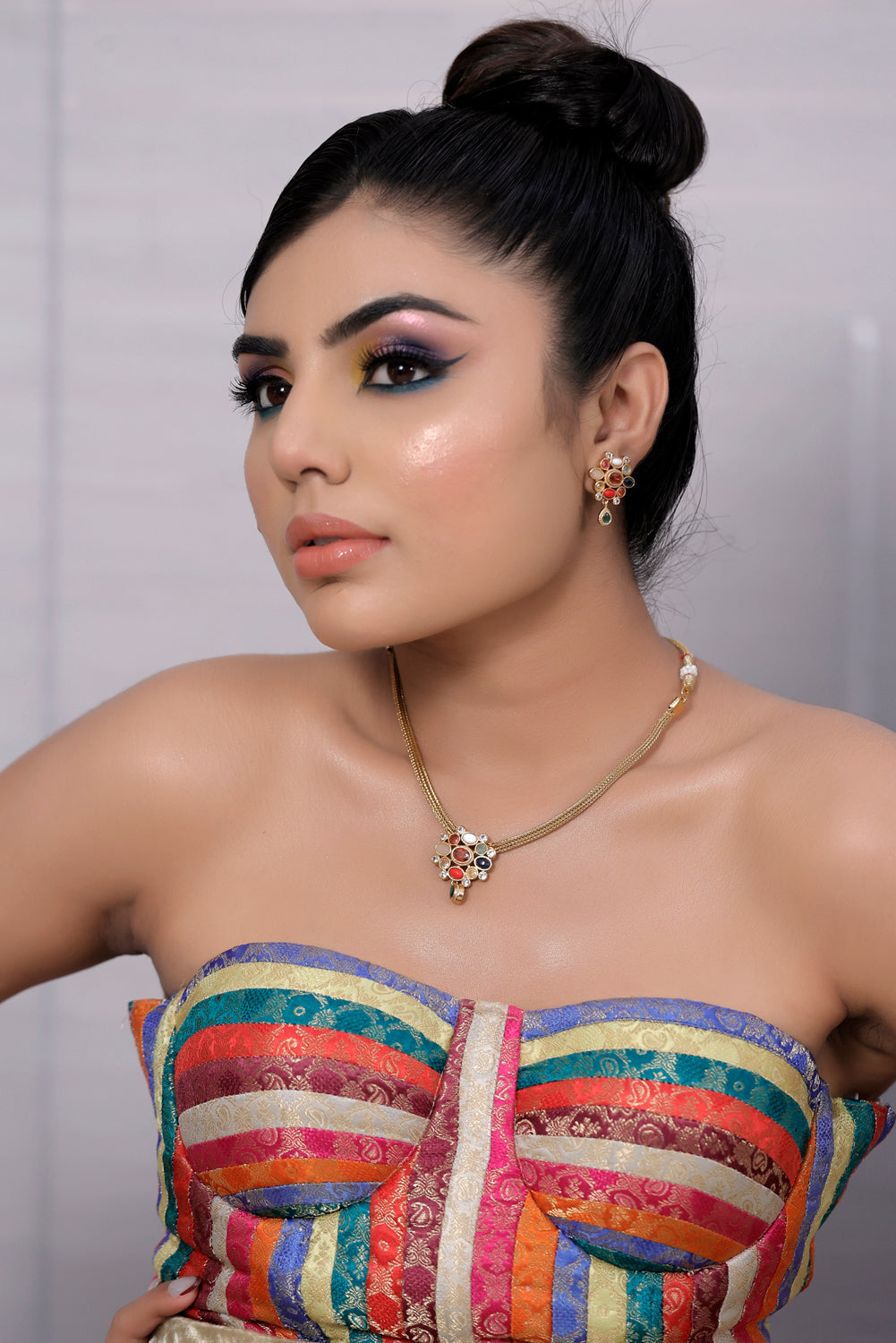 Temple navratna short Necklace Earrings Set 240422