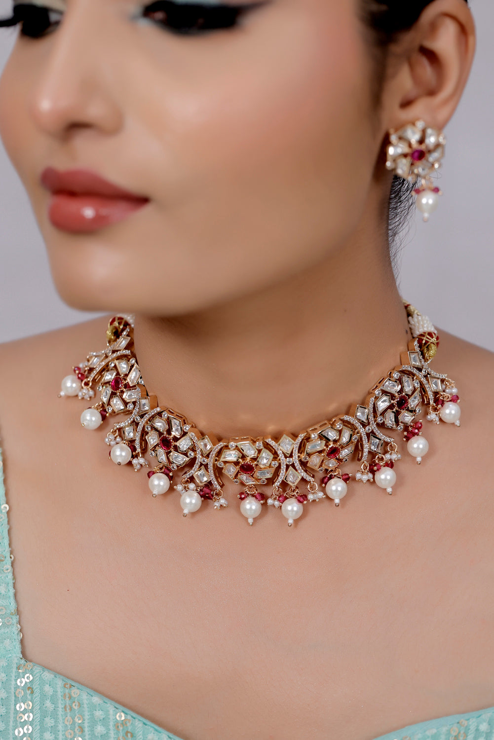 Jadau moissanite polki kundan zircon necklace set kadchnes250072