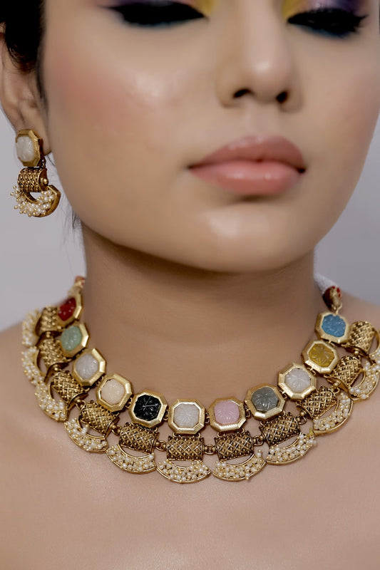 Kundan Choker Necklace Earrings Set kchnes230953