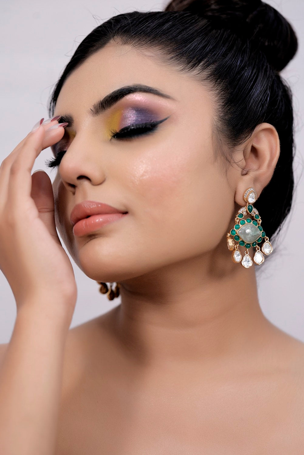 prehnite green stone cz kundan earrings