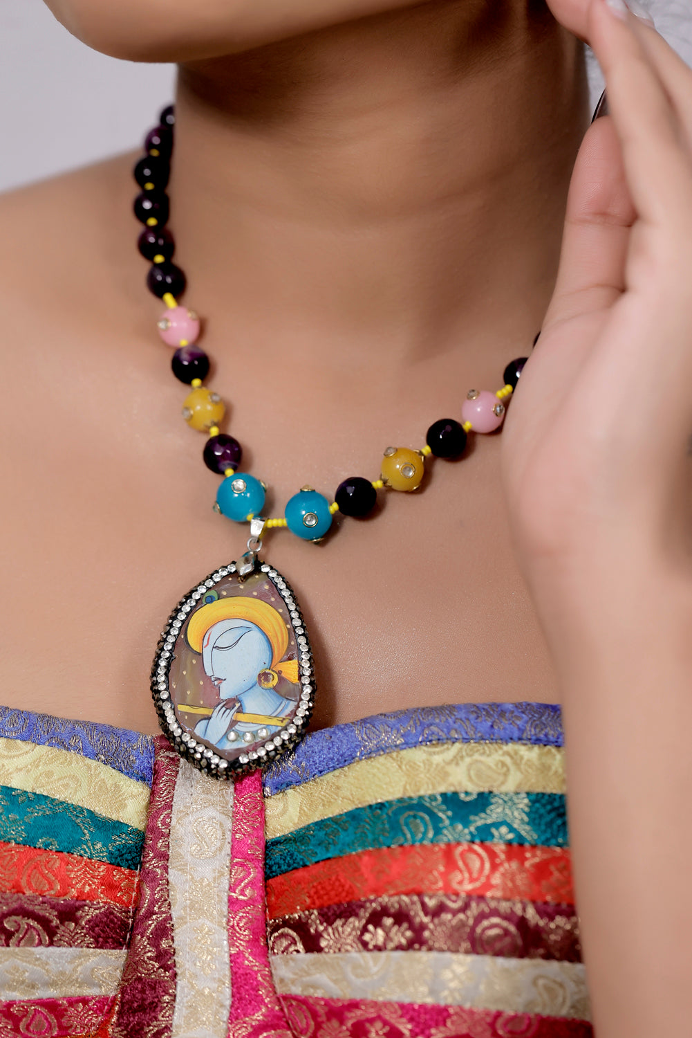 long krishna handprinted agate pendant with natural jade faceted beads mala