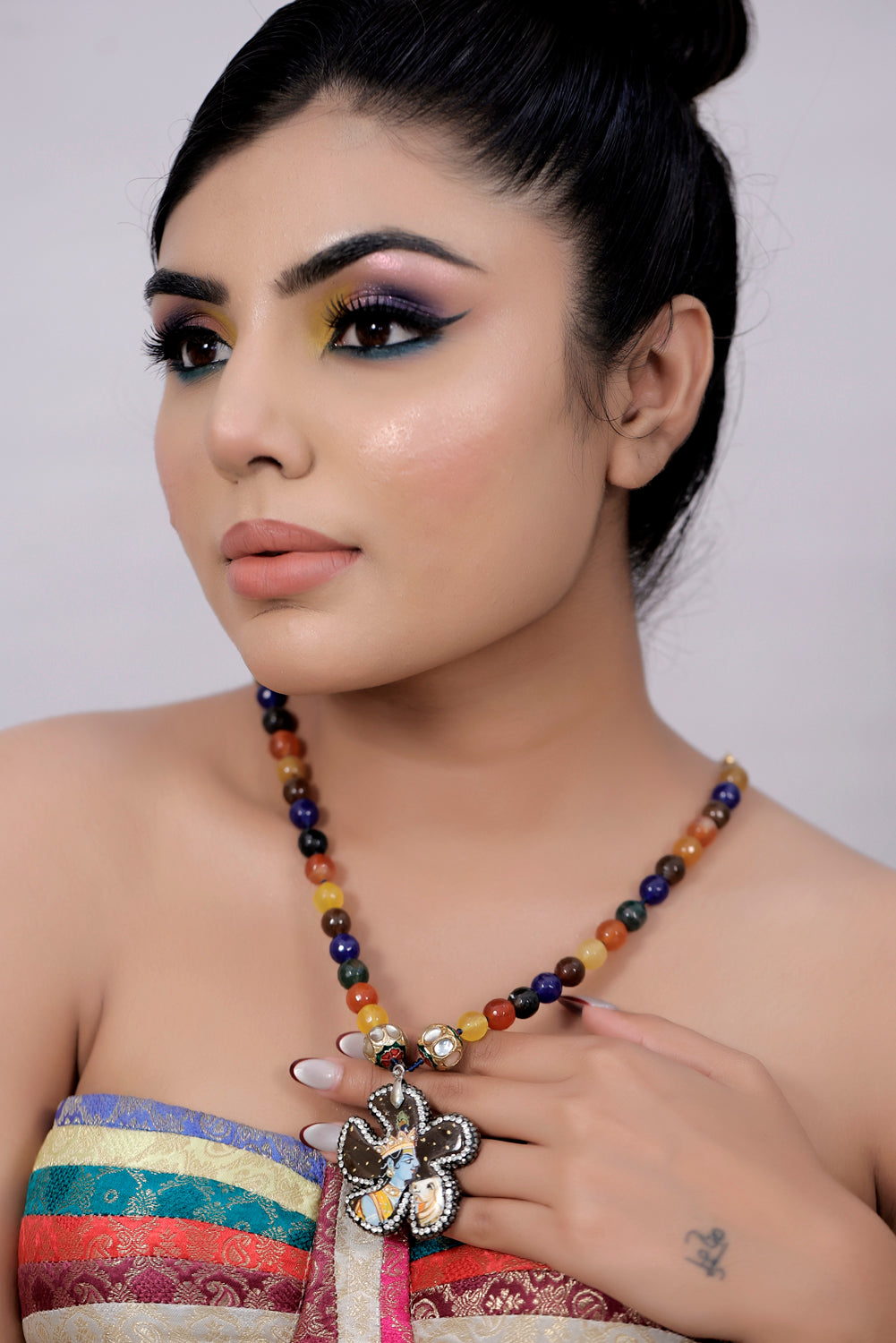 long krishna with cow handprinted agate pendant with natural jade faceted beads mala