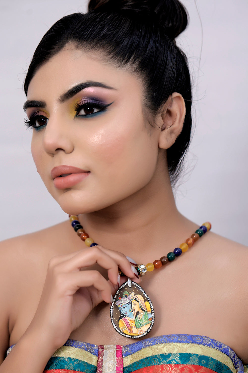 long Radhekrishna handprinted agate pendant with natural jade faceted beads mala