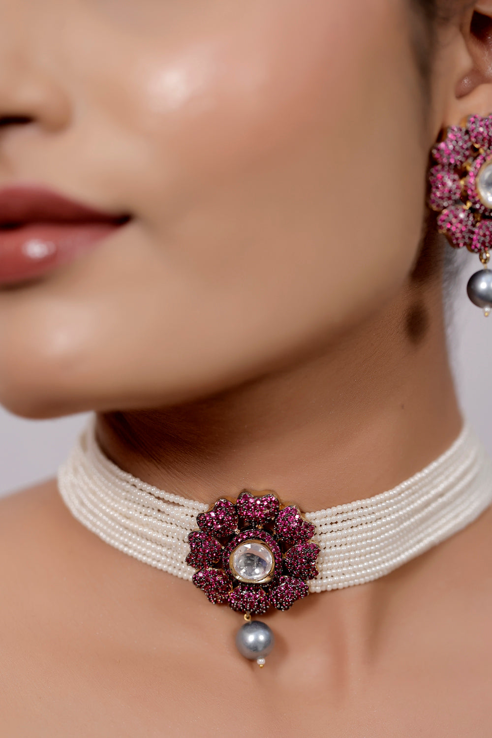 Ruby choker necklace earrings set