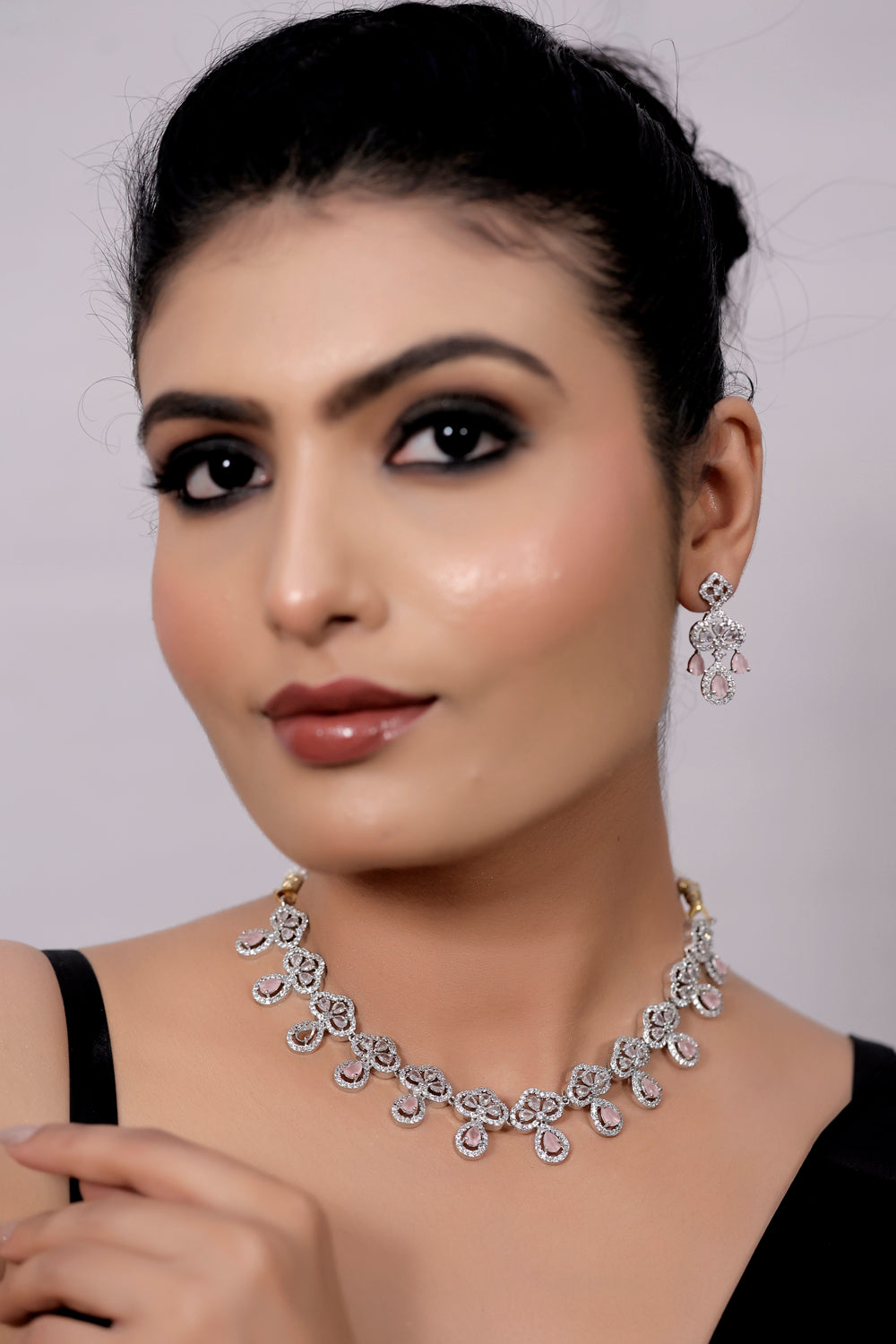 zirconia pink stone necklace set