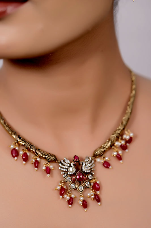 ad zirconia Temple peacock antique gold Choker Necklace Earrings Set