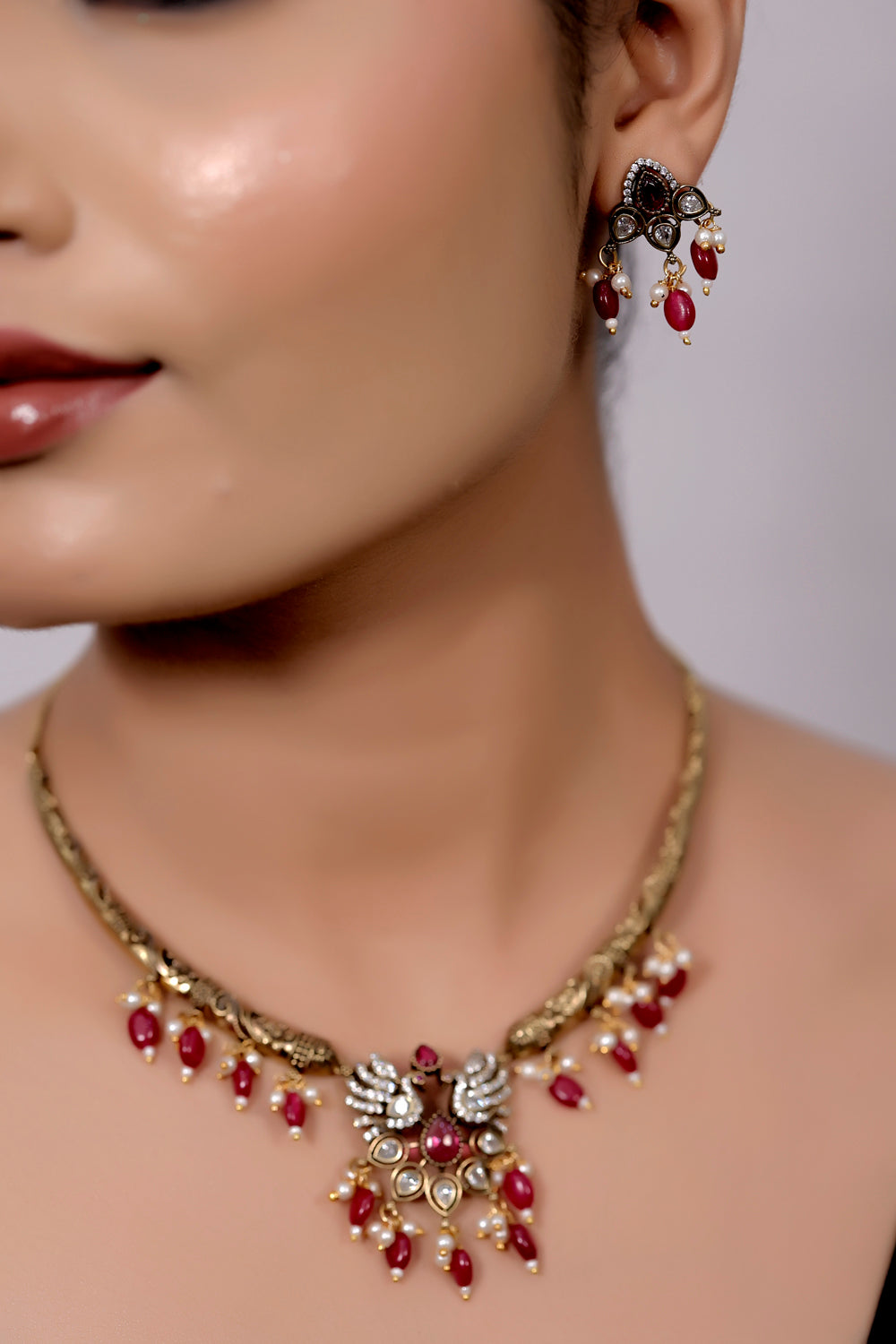 ad zirconia Temple peacock antique gold Choker Necklace Earrings Set