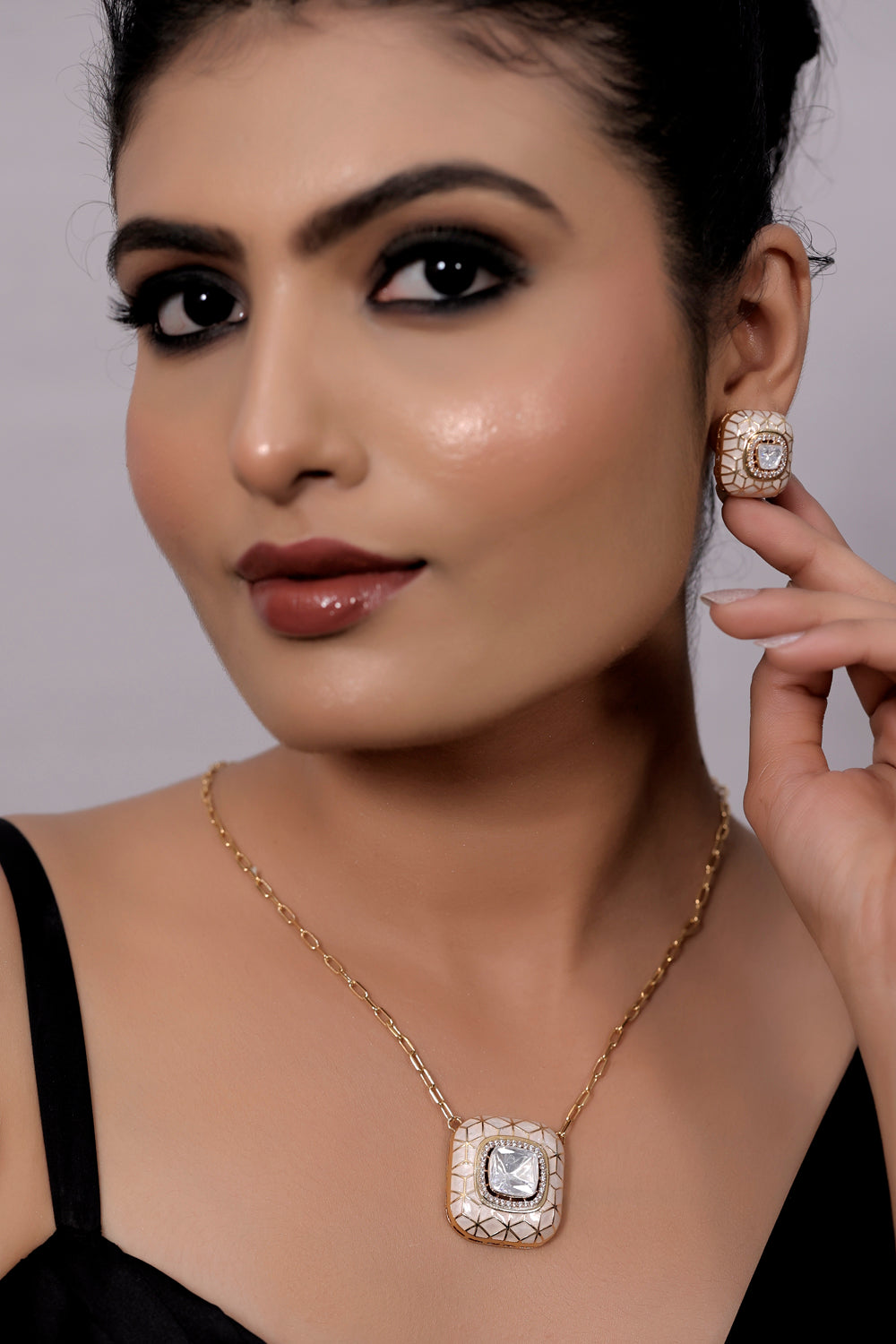 cz kundan Meena pendant set