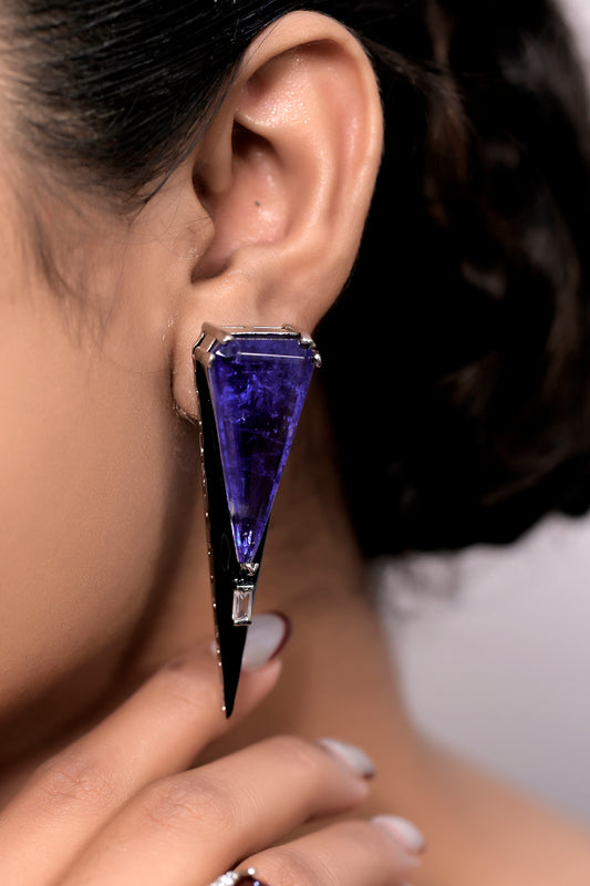 tanzanite blue trianular stud with black enamel and cz stones