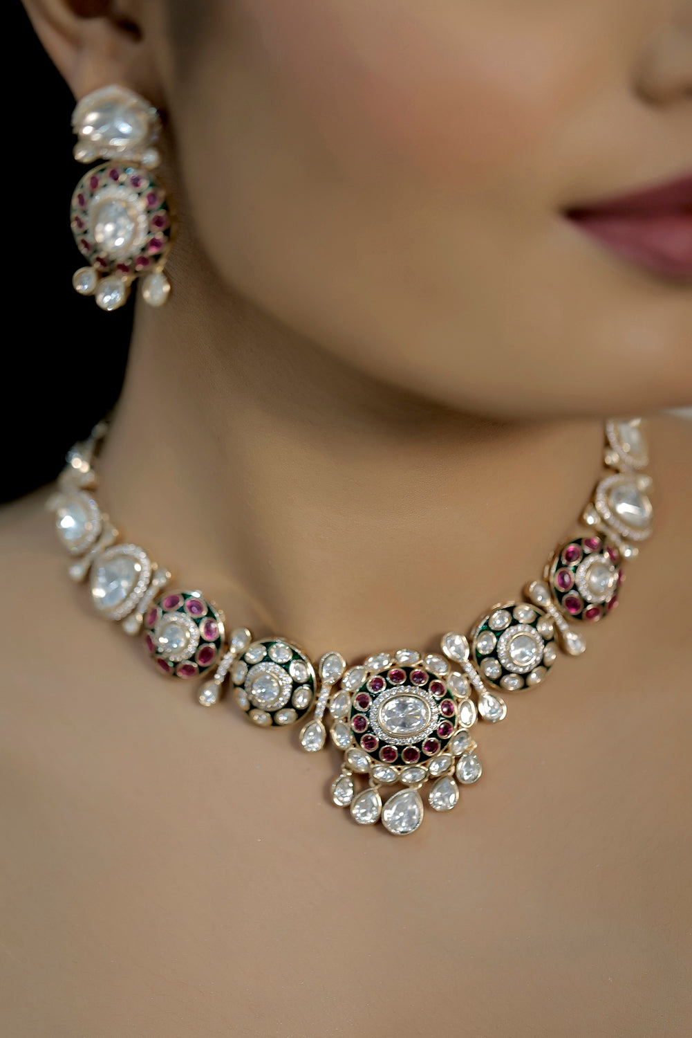 MOISSANITE KUNDAN MEENAKARI PREMIUM QUALITY COLLARBONE NECKLACE DROP EARRINGS