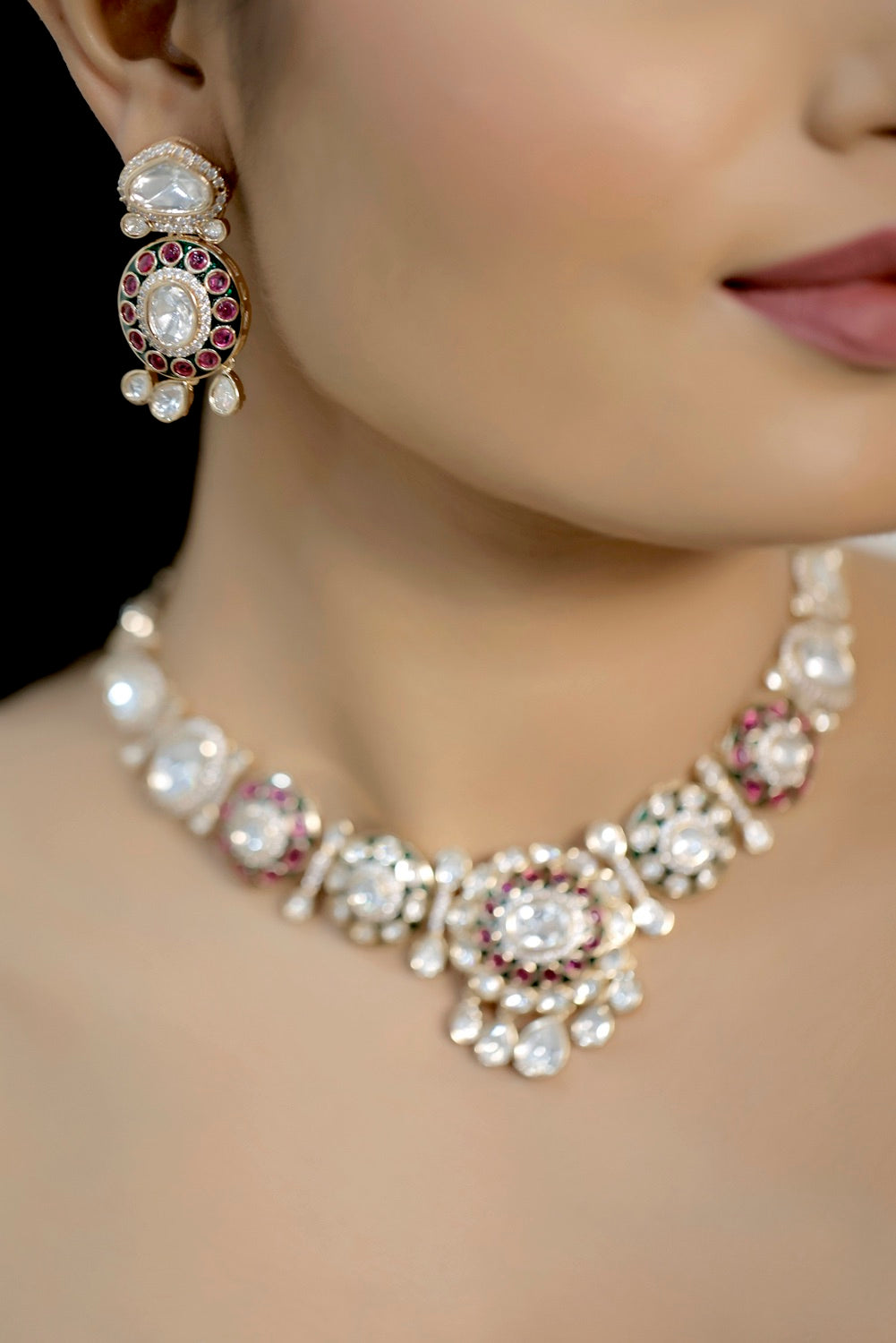 MOISSANITE KUNDAN MEENAKARI PREMIUM QUALITY COLLARBONE NECKLACE DROP EARRINGS
