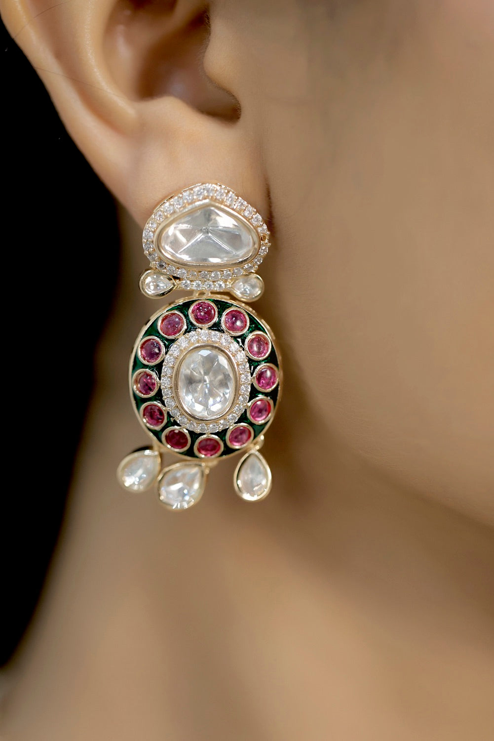 MOISSANITE KUNDAN MEENAKARI PREMIUM QUALITY COLLARBONE NECKLACE DROP EARRINGS