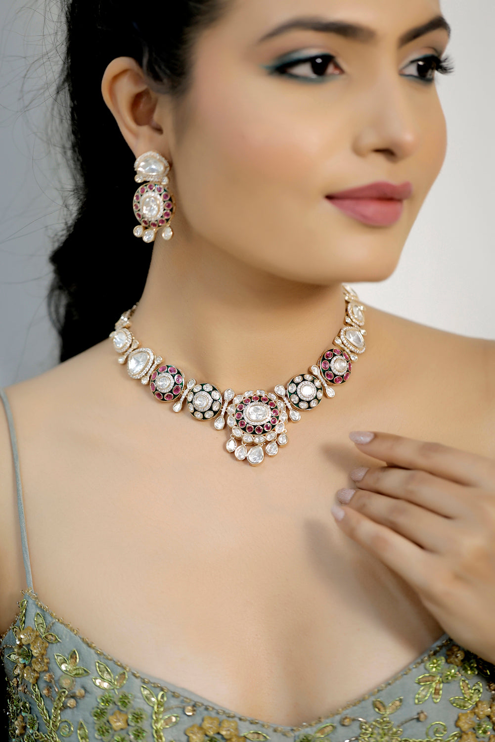 MOISSANITE KUNDAN MEENAKARI PREMIUM QUALITY COLLARBONE NECKLACE DROP EARRINGS