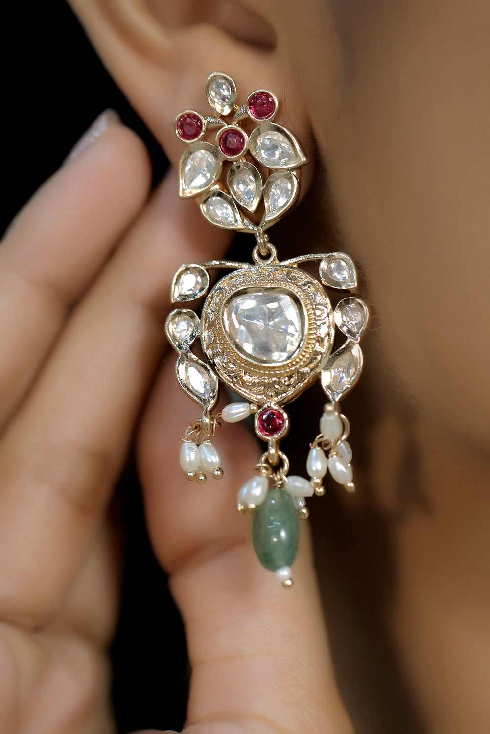 mint ruby pearl delicate tyaani moissanite kundan choker necklace with peacock motifs and drop earrings