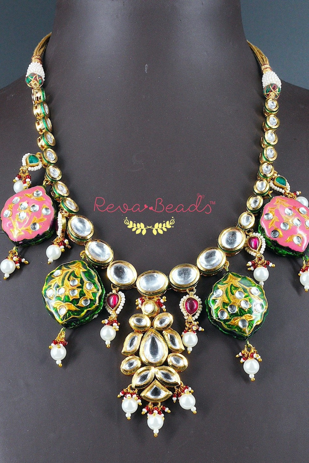 pink green meenakari necklace set