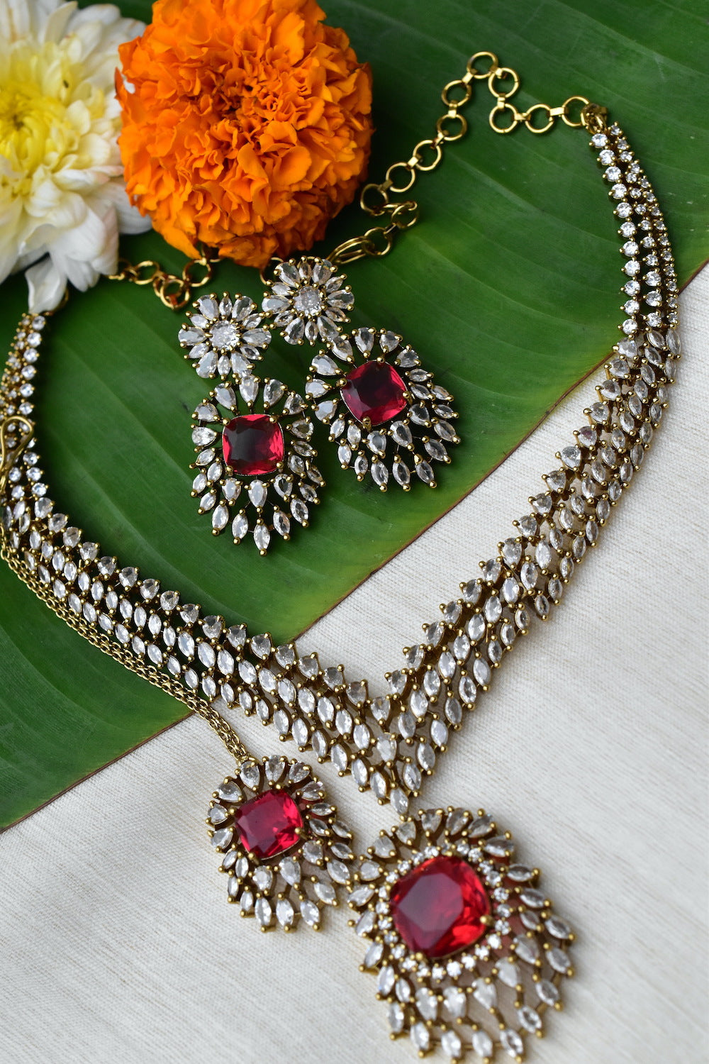 red zircon victorian finish necklace set