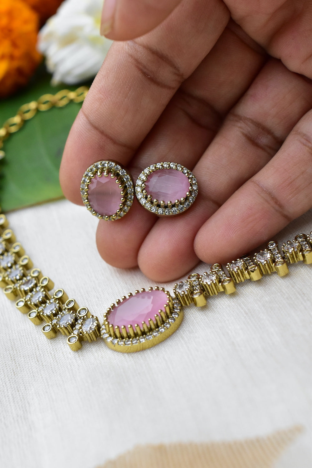 pink cz gold choker set