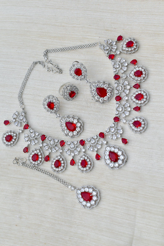red stone cz necklace earring tika finger ring set