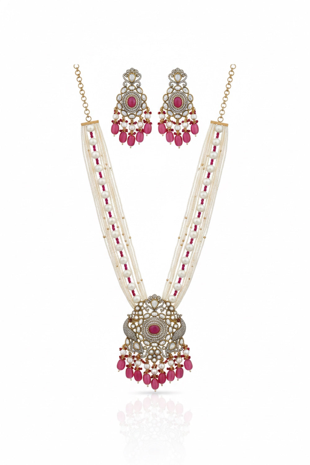 Victorian cz moissanite kundan fusion bridal long set ranihaar klnes250394