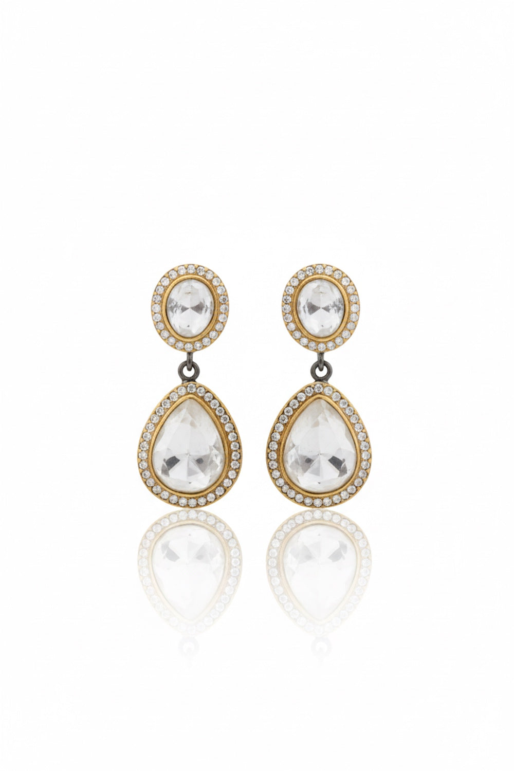 black polish drop earrings with dual tone gold black polish and cubic zirconia stones