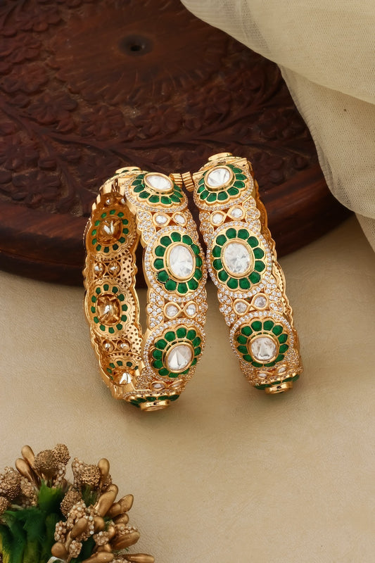moissanite jadau green pota stone with cubic zirconia openable pair of bangles carat polish