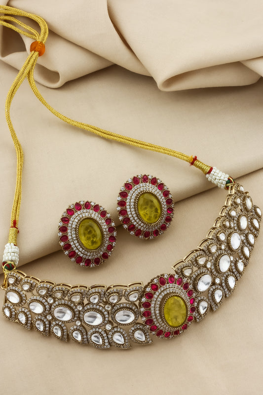 Champaign gold polish choker and big stud earrings with doublet with cubic zirconia pota ruby emerald and sapphire stone
