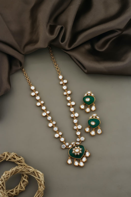 heritage emerald green polki kundan antique appal polish imitation long necklace earrings indian wedding bridal jewellery