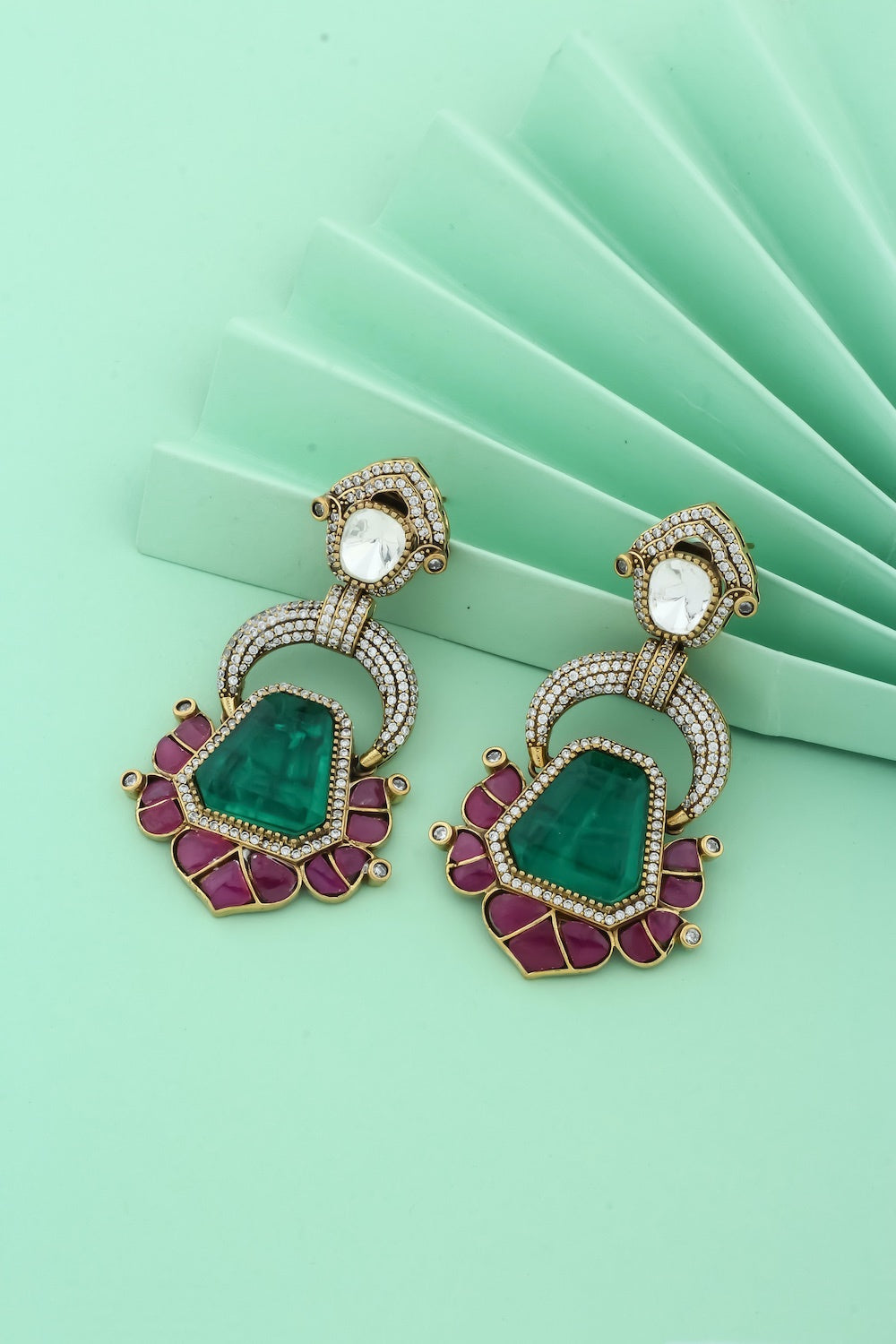 emerald doublet stone pota ruby cubic zirconia moissanite kundan dangle and drop earrings antique gold finish indian bridalm wedding jewellery
