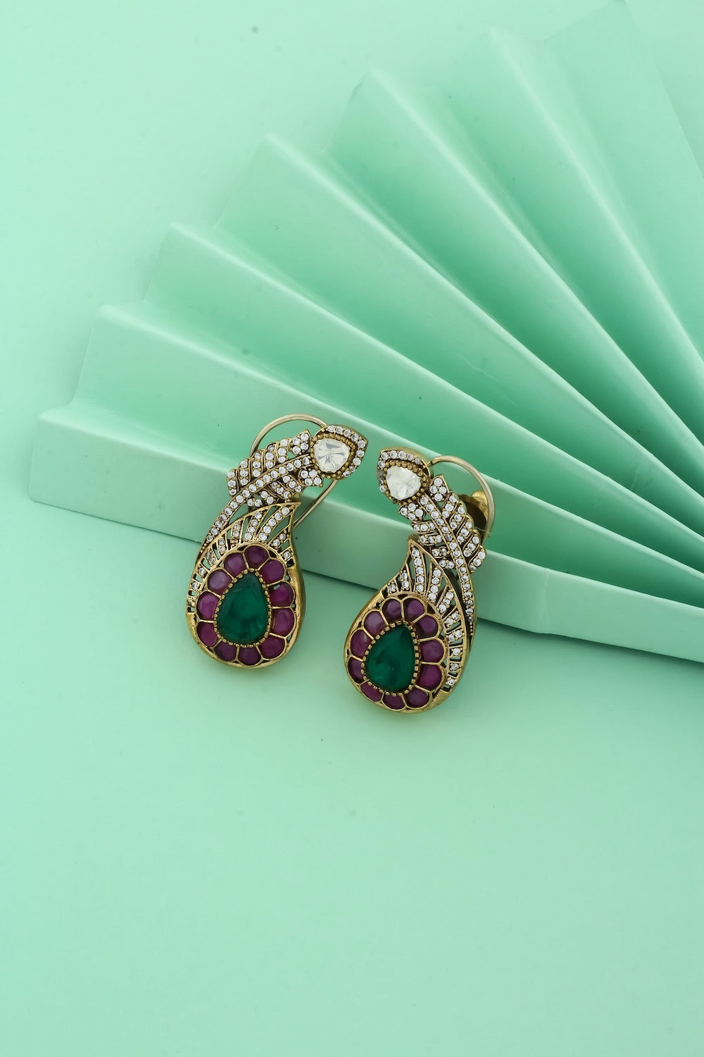medium sized paisley shaped cz kundan doublet stud earrings