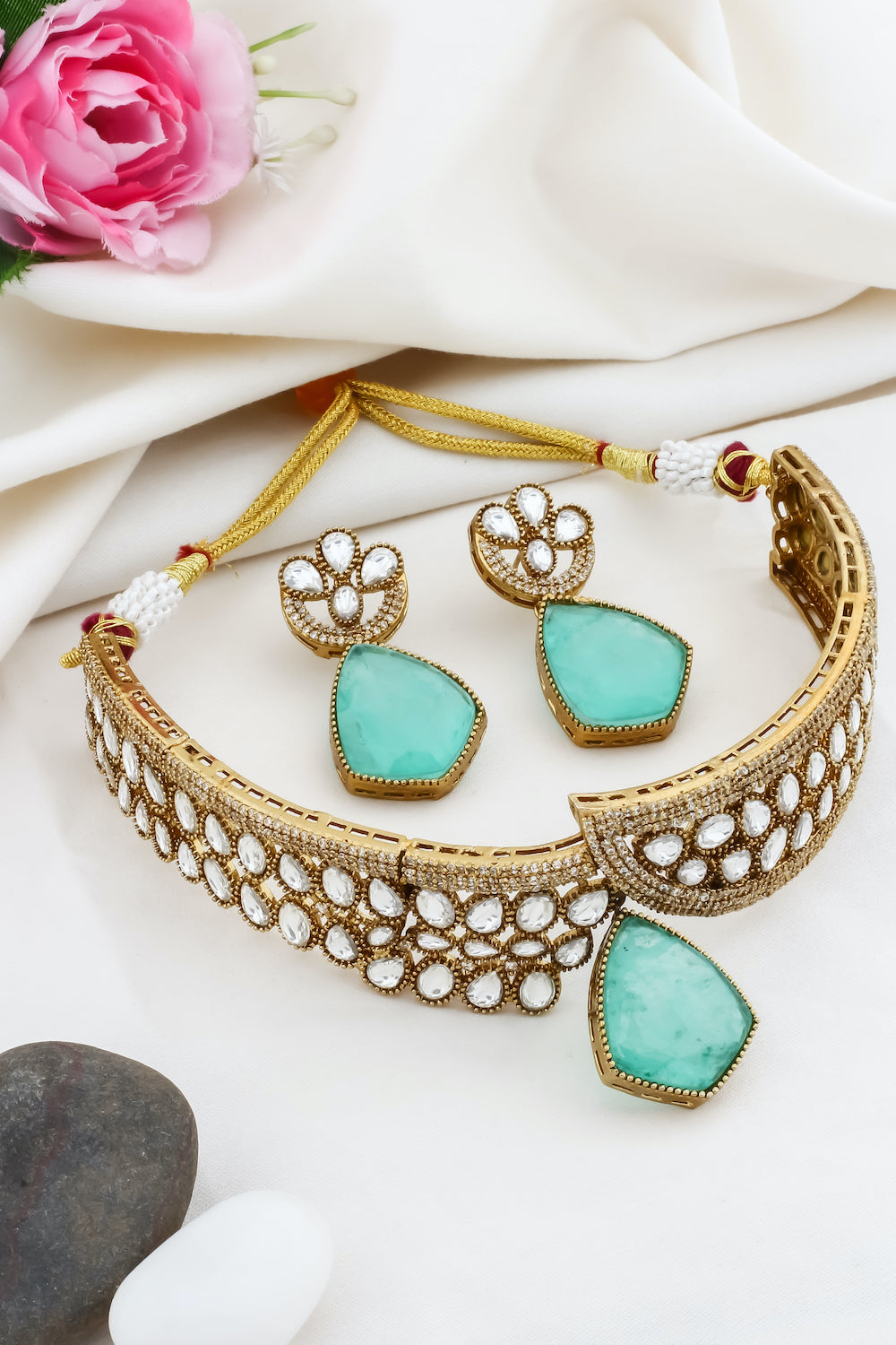 Jadau polki kundan doublet zirconia antique choker necklace set kadchnes250018