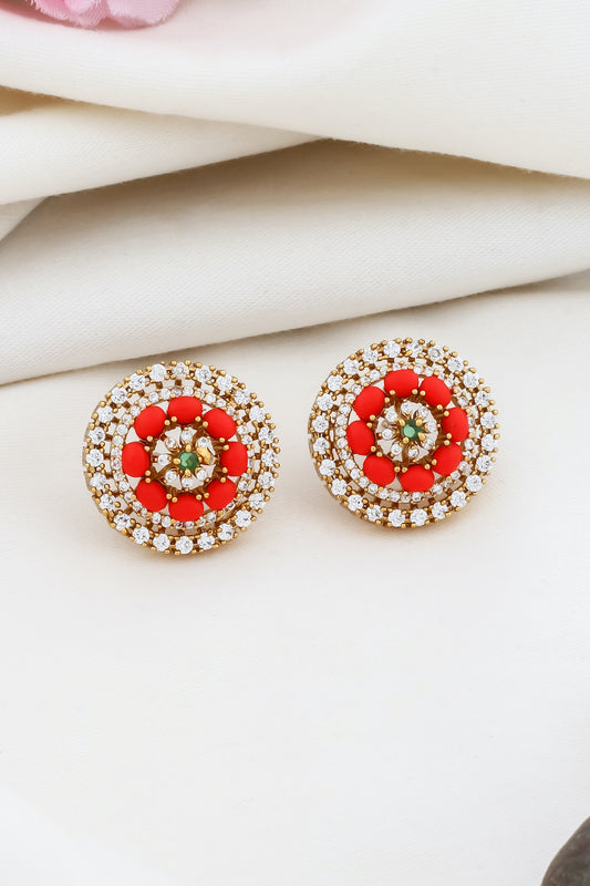 Ad coral zircon gold finish stud earrings adgpse250032