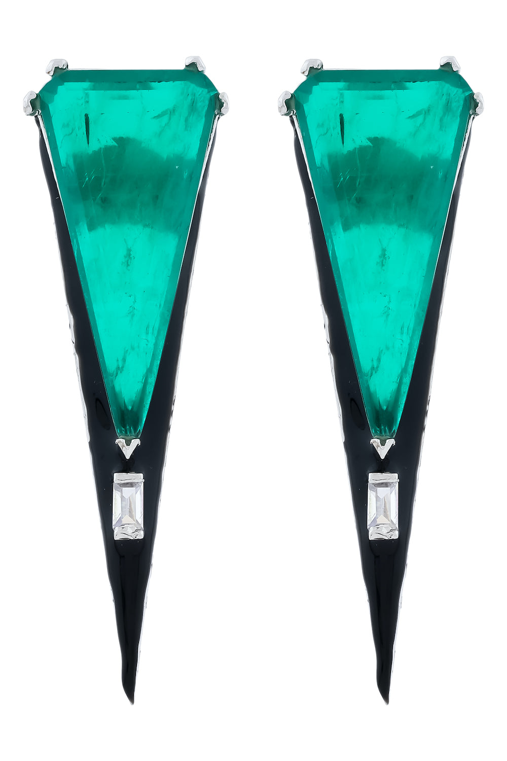 emerald green doublet trianular stud with black enamel and cz stones