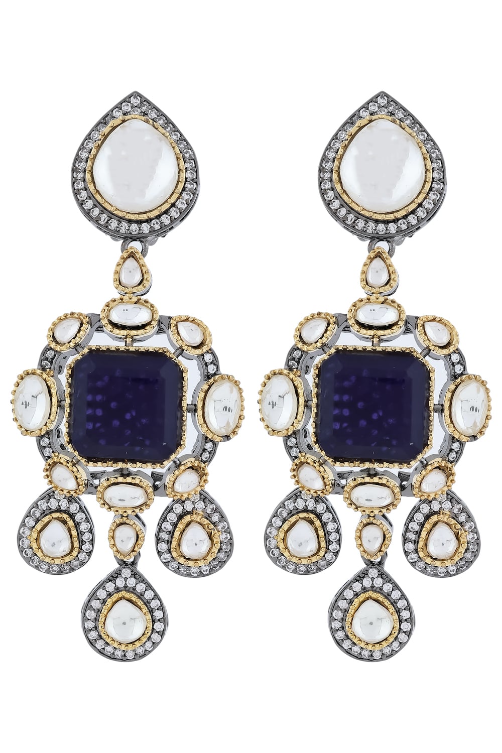 sapphire blue victorian finish kundan cz long earrings