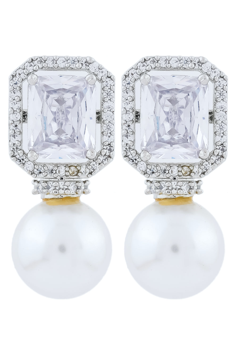 silver polish cz stud earrings with pearl drop