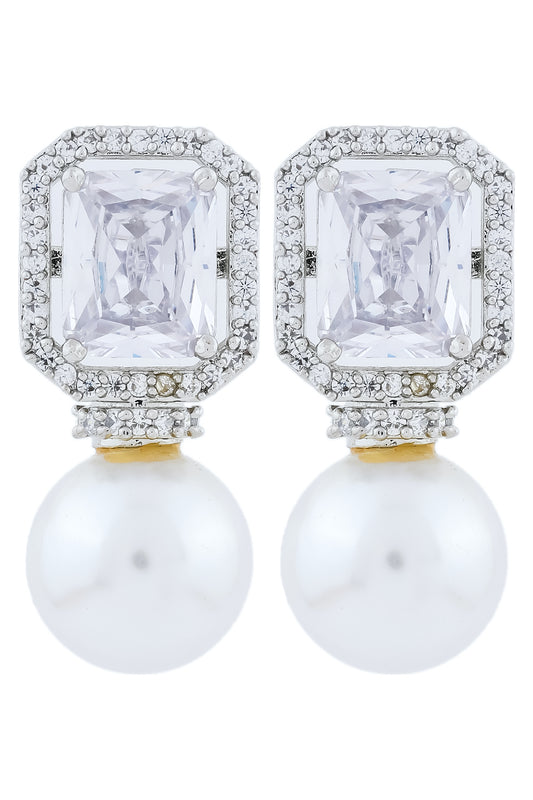 silver polish cz stud earrings with pearl drop