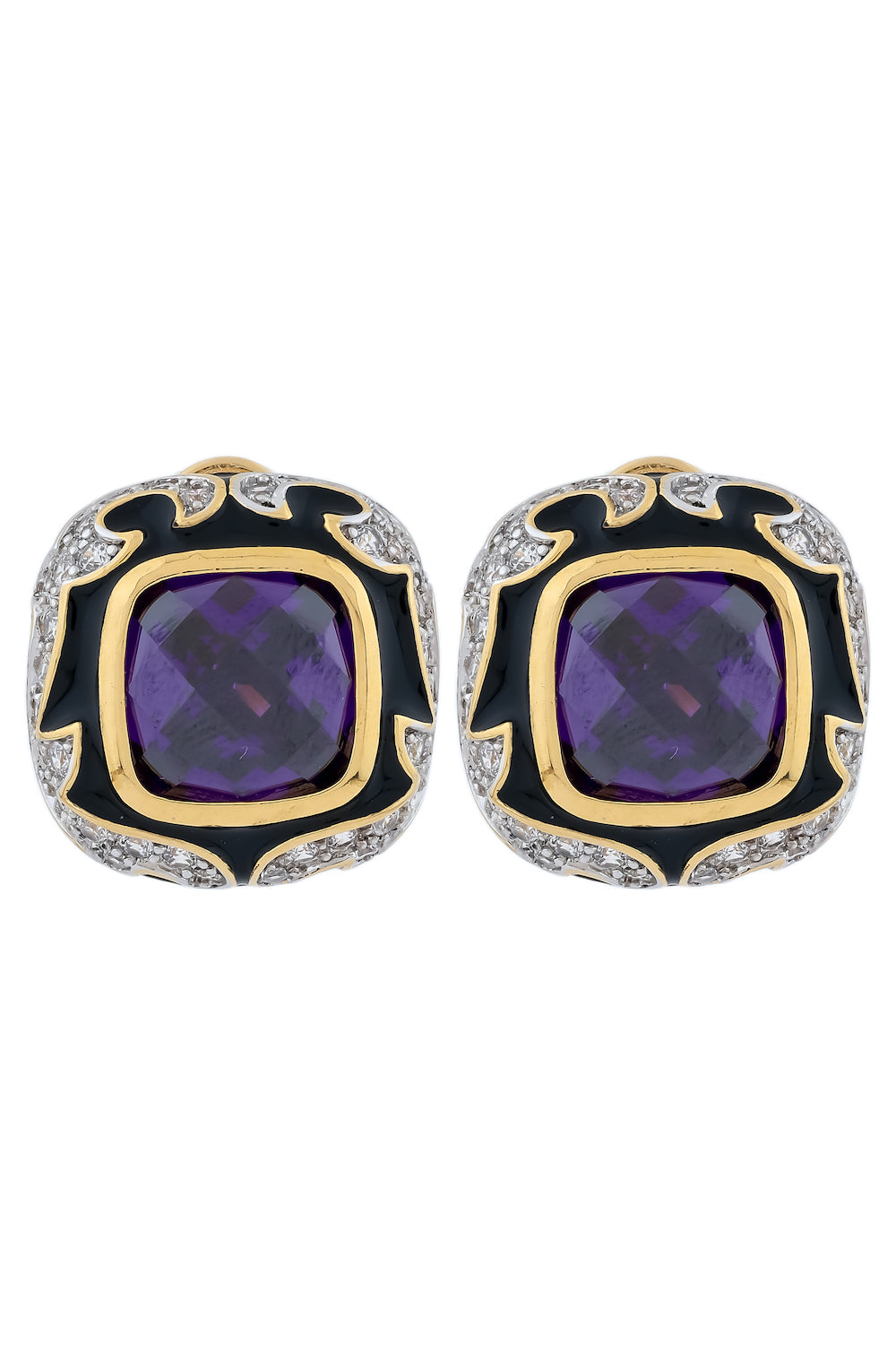 Black enamel stud earrings purple stone