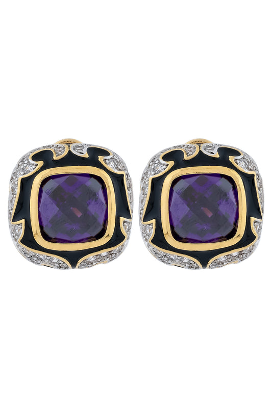 Black enamel stud earrings purple stone