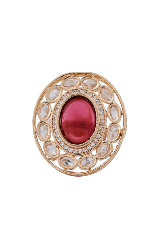 kundan oval zirconia red stone gold polish finger ring