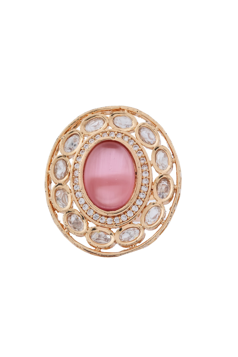 kundan oval zirconia pink stone gold polish finger ring