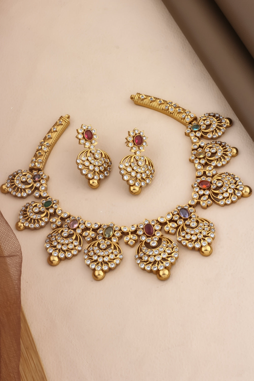 Temple navratna Choker Necklace Earrings Set