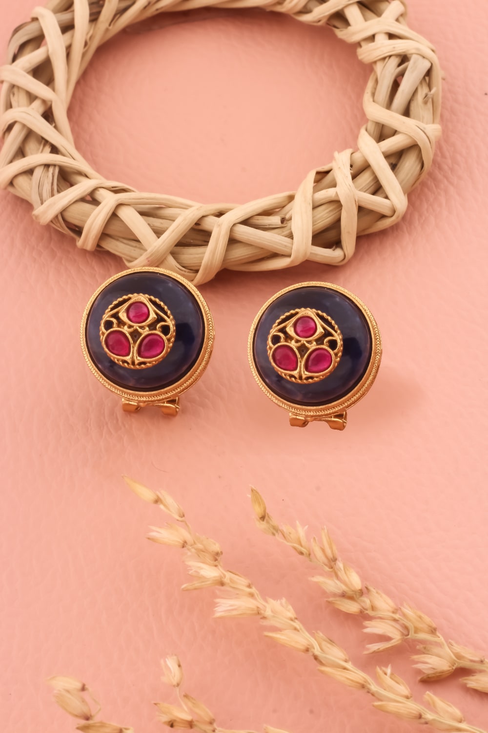 ad kundan round stud earrings with semi precious stones