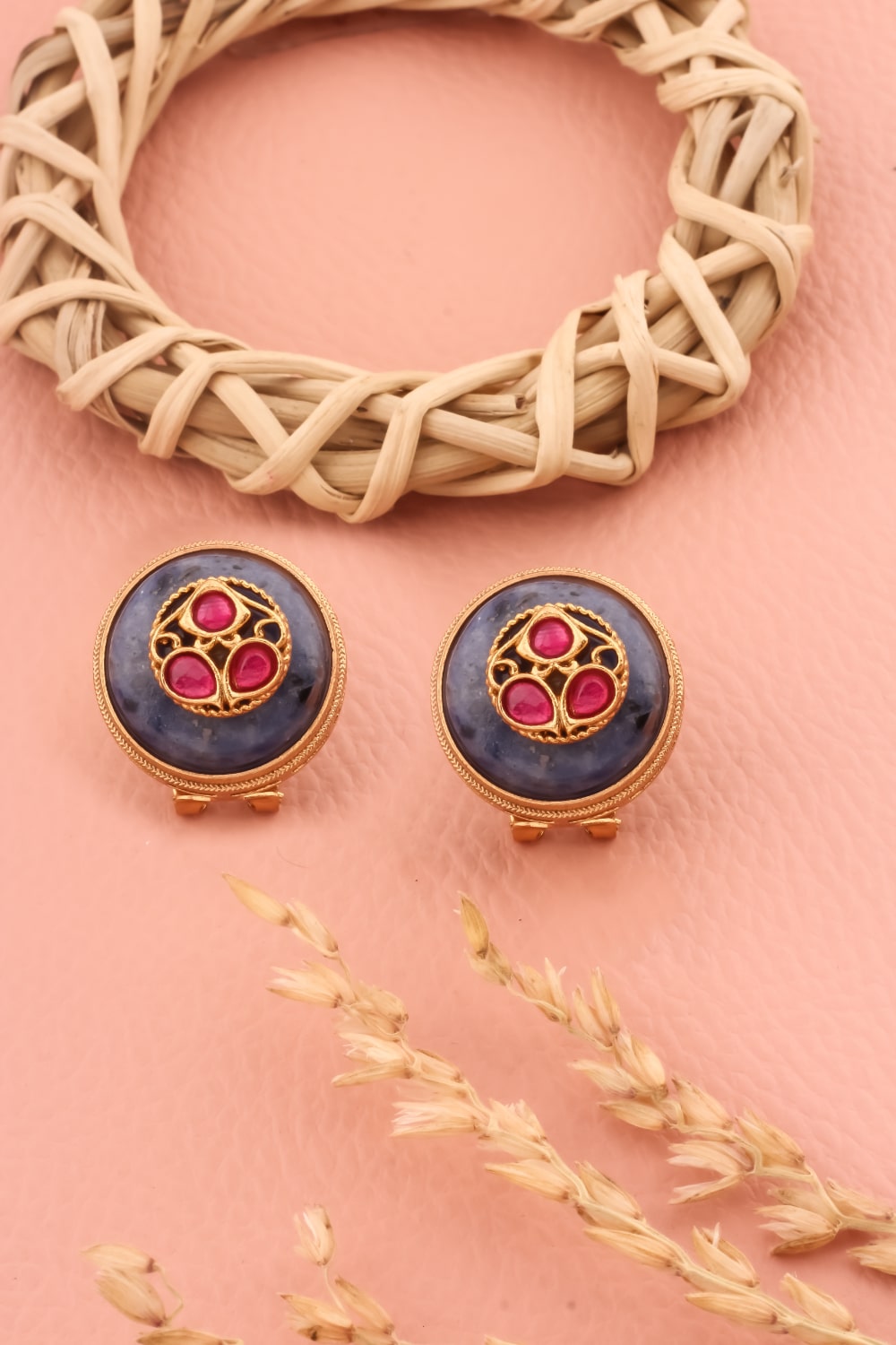 ad kundan round stud earrings with semi precious stones