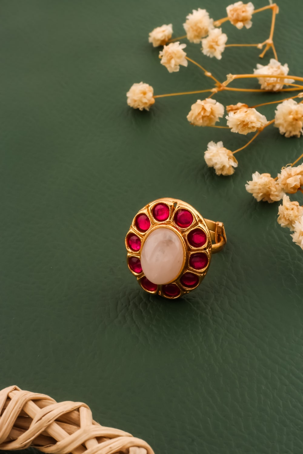 rose quarts kundan finger ring