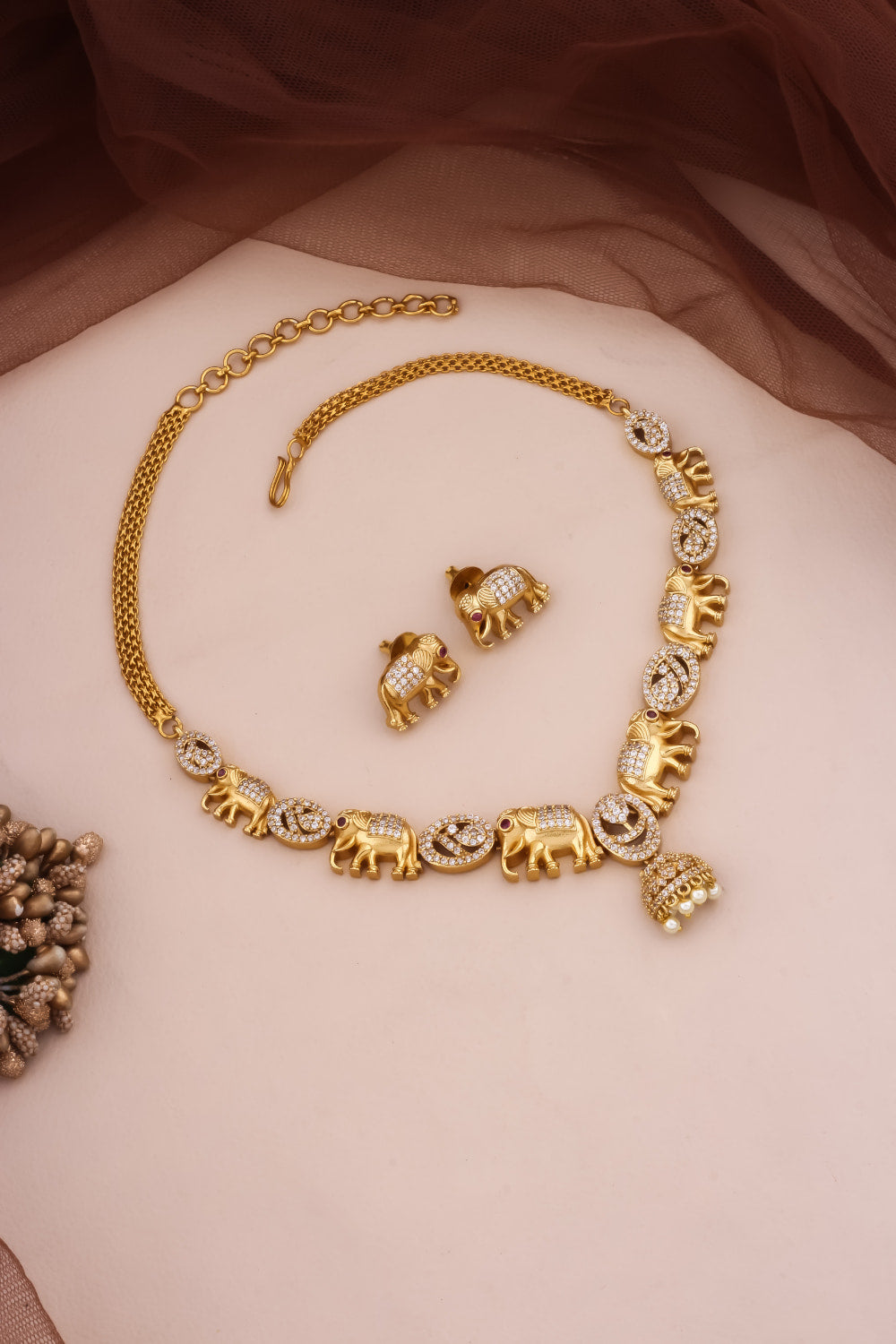 cz stone matte gold necklace set