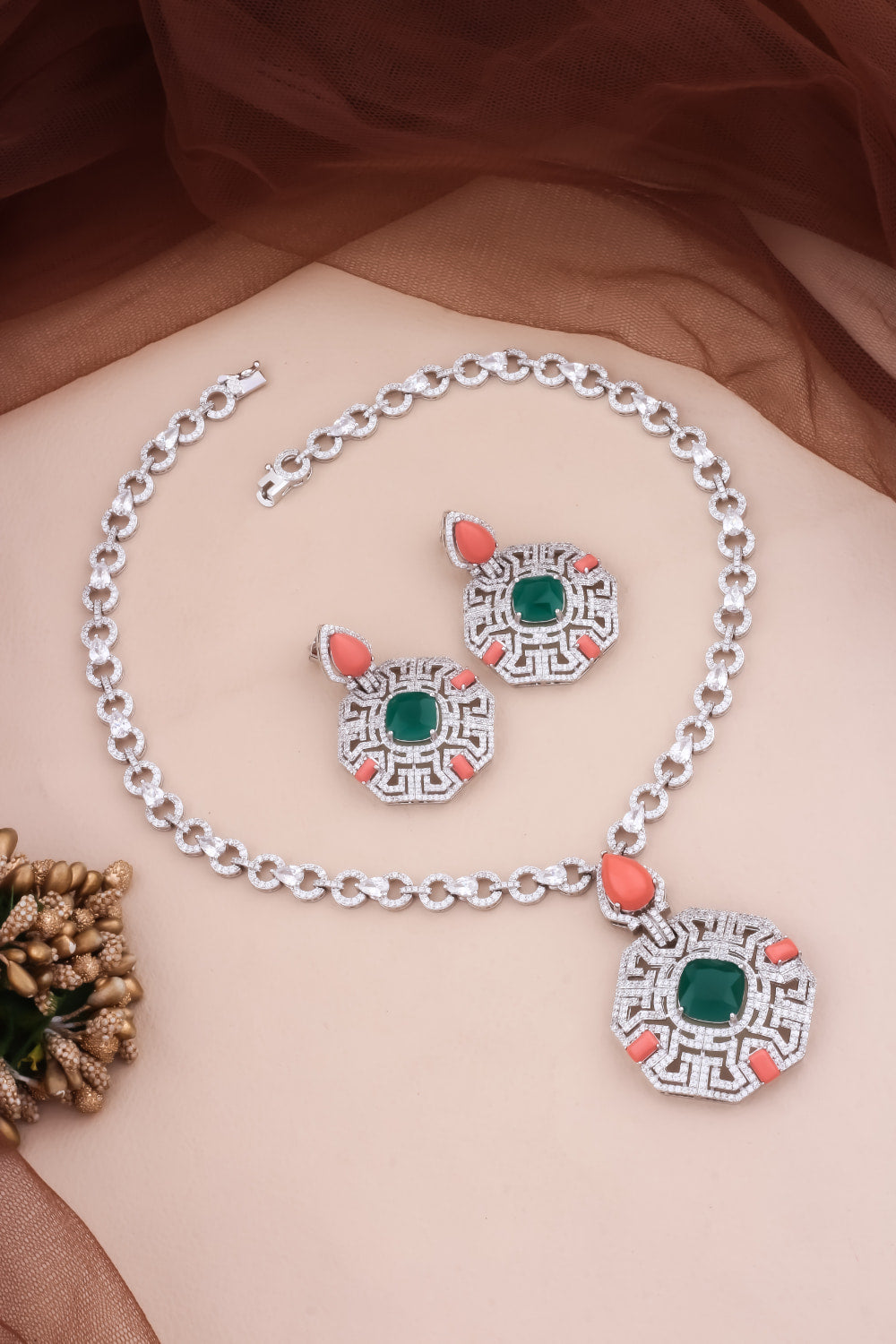 green emerald coral cz long necklace